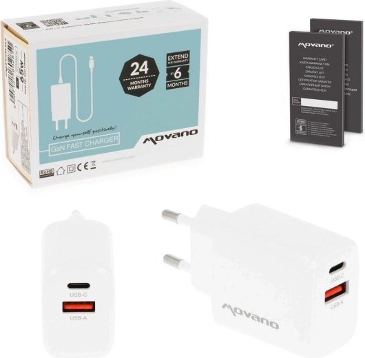 Movano GaN polnilnik 30 W USB-C PD + USB-A bel - 1 kos