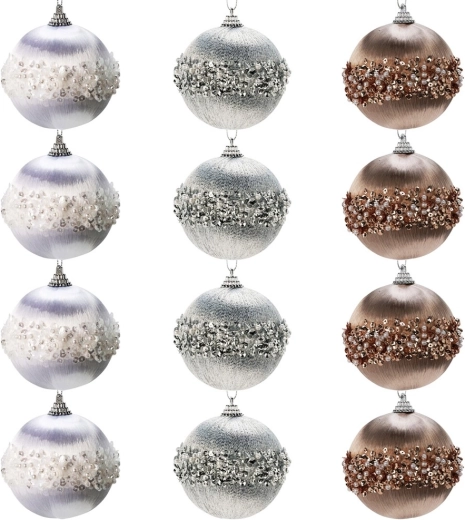 Komplet netlomljivih božičnih okraskov v belo‑srebrno‑šampanjskih odtenkih, 8 cm – 12 kos