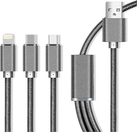 Maxlife najlonski kabel 3-v-1 s hitrim polnjenjem 2,1 A – Lightning/USB‑C/microUSB, siv