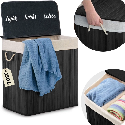 Bambusov koš za perilo s pokrovom 150 l, 3-prekatni