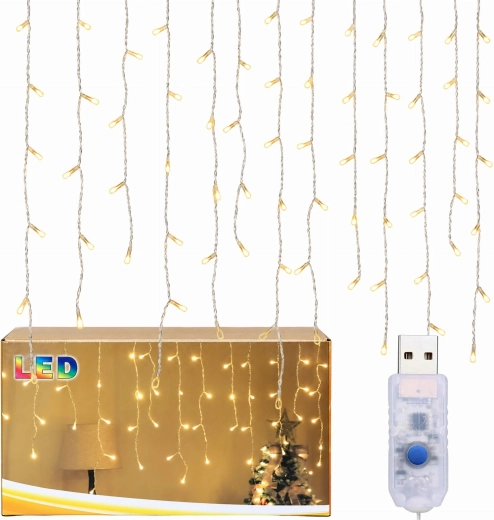 Christmas LED icicle light curtain, 96 LEDs, warm white, USB, 3.5 m