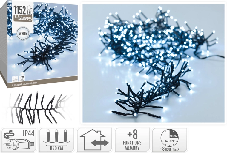 Božična LED veriga 8,5 m, hladno bela, 1152 LED, 8 funkcij s časovnikom