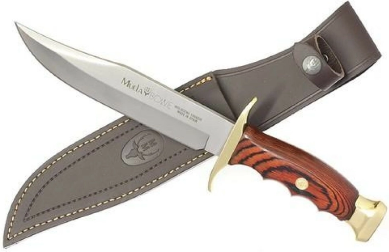 Lovski nož Muela BW-18 z 18 cm rezilom iz jekla MoVa, koralni les Pakka, medenina, usnjeno etui