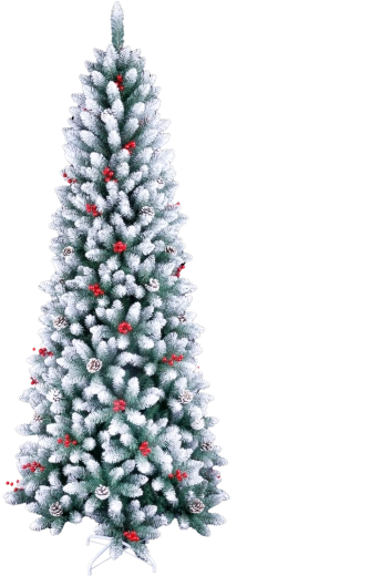 Umetna božična jelka 210 cm, zasnežena, z jarabinami, storži in LED osvetlitvijo