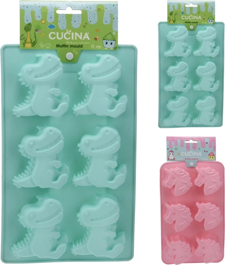 Silikonski pekač za 6 kosov – samorog ali dinozaver, 27,5 cm