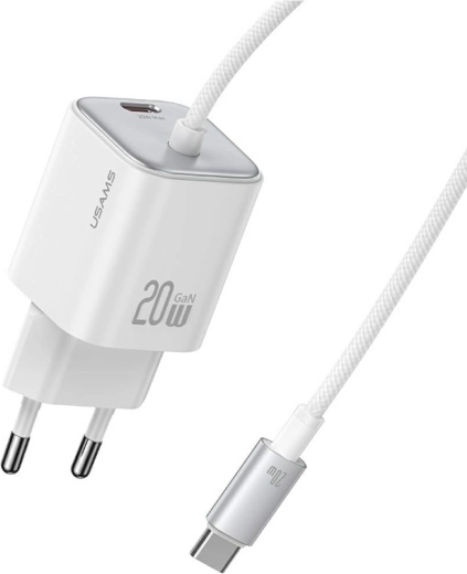 USAMS serija JC 20 W GaN mini polnilec 2× USB‑C z integriranim USB‑C kablom bel