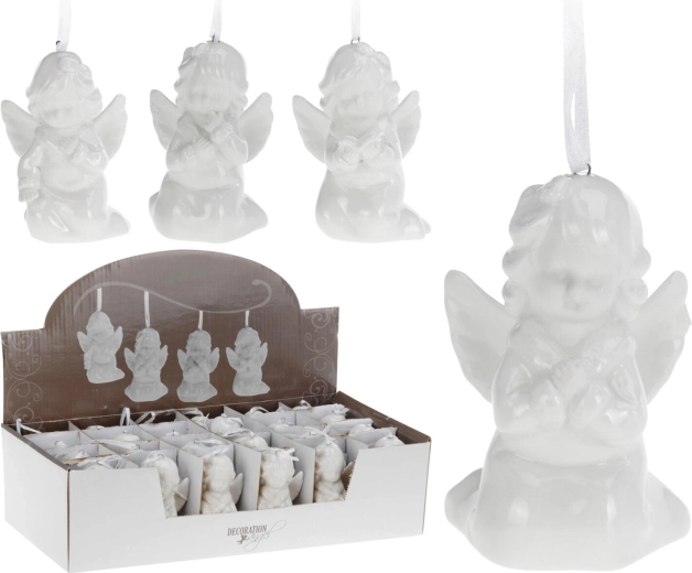 Viseča porcelanasta dekoracija angel 9 cm, bela