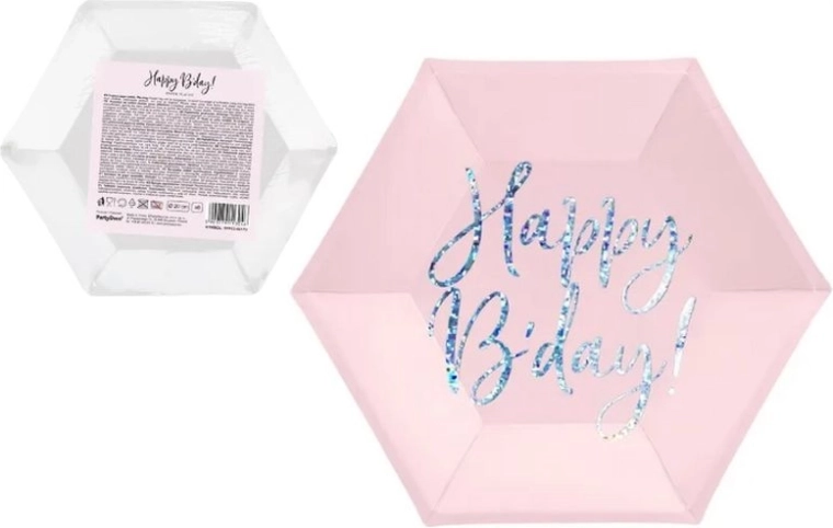 Krožniki Happy B’day! puder roza 20 cm (6 kos)