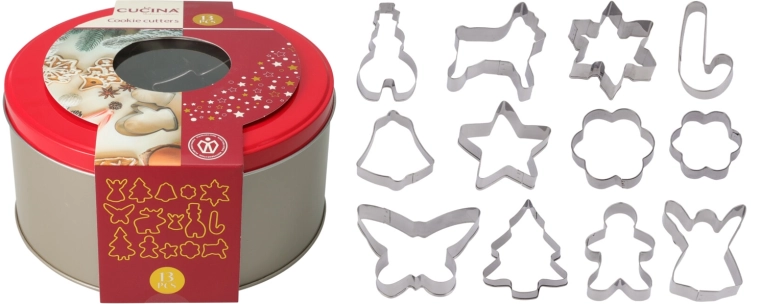 Set nerjavnih modelčkov za piškote, 12 kosov v kovinski škatli