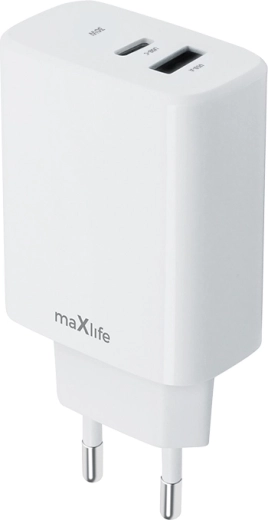 Omrežni polnilec MAXLIFE 30 W z USB‑C PD in USB‑A QC, bel