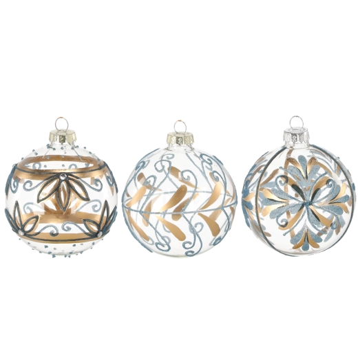 Steklena božična krogla modro‑zlata 8 cm, komplet 12 kos