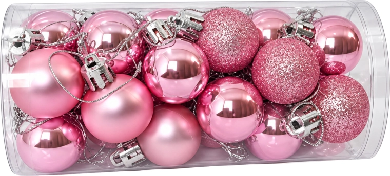Pink unbreakable Christmas tree baubles, 24 pieces