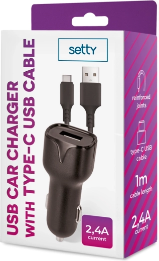 Setty avtomobilski polnilec 1× USB 2,4 A črn + USB‑C kabel 1 m