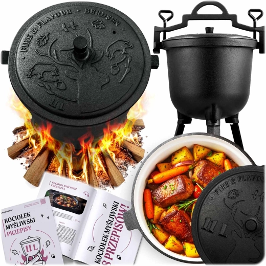 Emajliran litoželezni kotliček za ogenj 11 l s pokrovom in trinožnikom