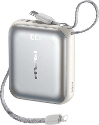 Power banka AWEI AS-181 10000 mAh, 35 W, z vgrajenima kabloma Lightning in USB‑C, srebrna