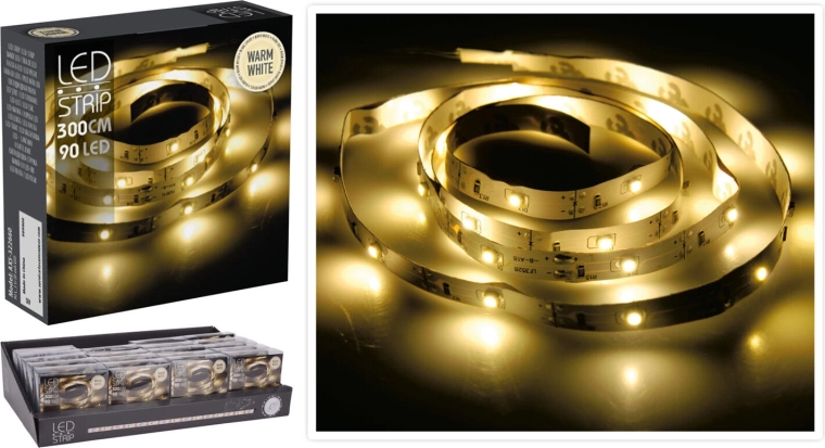 LED svetlobni trak 3 m, 90 LED, toplo bela, na baterije