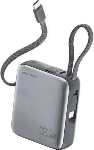 Powerbanka 4smarts Pocket Dual Cord 10000 mAh 22,5 W z vgrajenim kablom USB‑C, siva