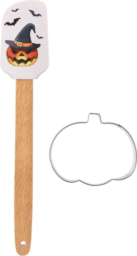 Halloween silikonska kuhinjska lopatica z lesenim ročajem in modelčkom za izrezovanje buče