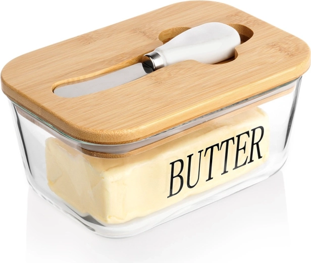 Steklena posodica za maslo z bambusovim pokrovom in nožkom