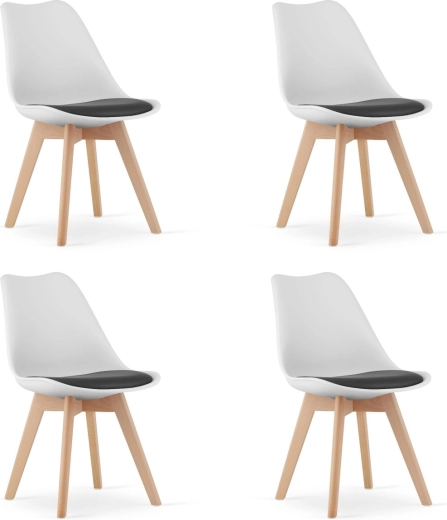 Set štirih črno-belih stolov z lesenimi nogami