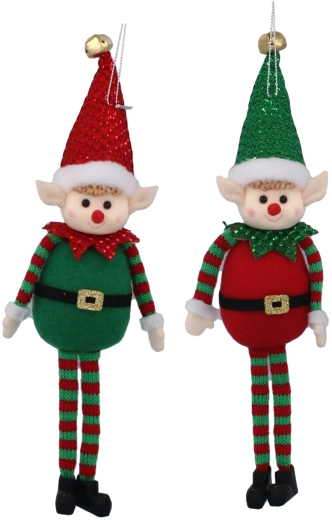 Božični viseči škrat iz filca z bleščicami 10 × 28 cm, rdeče‑zelen, komplet 6 kosov