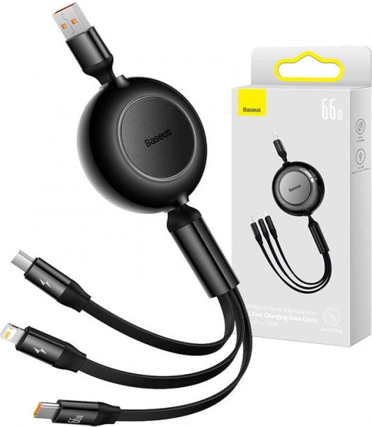 Baseus Bright Mirror 3 USB kabel 3 v 1 za micro USB, USB‑C in Lightning 66 W 1,1 m – črna