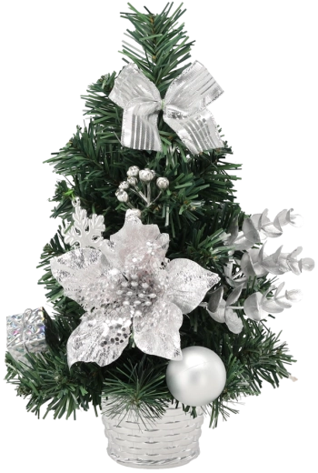 Srebrna božična jelka 30 cm v lončku z okraski
