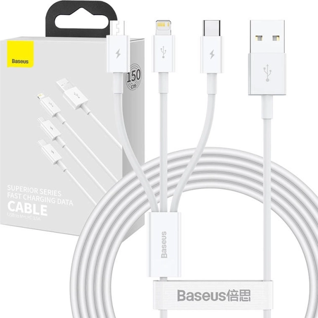 Polnilni in podatkovni kabel 3v1 Baseus Superior, USB na Micro USB / USB‑C / Lightning, 3,5 A, 1,5 m, bel