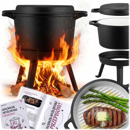 Litoželezni emajlirani kotliček 8 l s stojalom in žar ponevjo