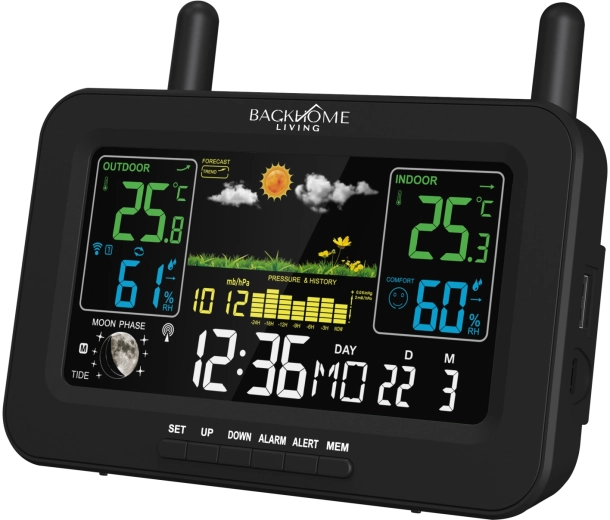 BackHome Living večfunkcijska meteorološka postaja RCC z napajanjem iz omrežja in na baterije, črna, 16,5 × 4,5 × 13,5 cm