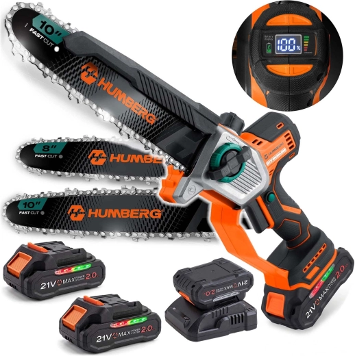 Cordless chainsaw Humberg HM-437 with 2× 21 V 2.0 Ah batteries, 10" and 8" bar
