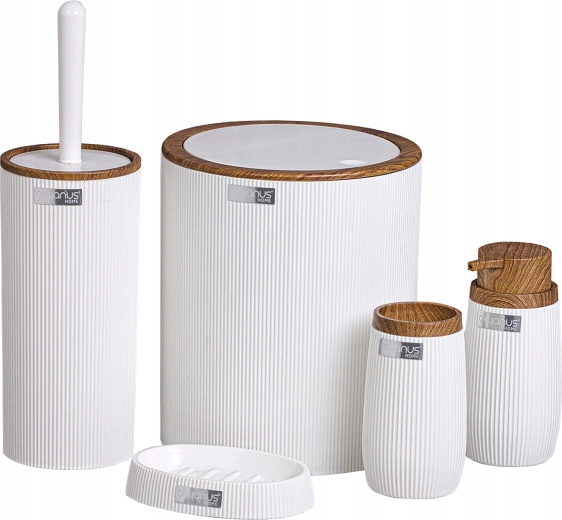 Okrogli kopalniški komplet 5 kosov bel z imitacijo lesa