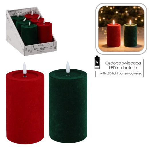 Velvet LED candle with flickering flame red/green 7.5 × 15.5 cm - 1 piece