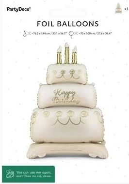 Stoječ folijski balon v obliki torte Happy Birthday