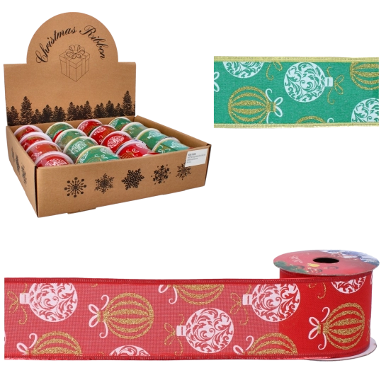 Božično dekorativni satenast trak 6,3 cm × 2,7 m z motivom okraskov