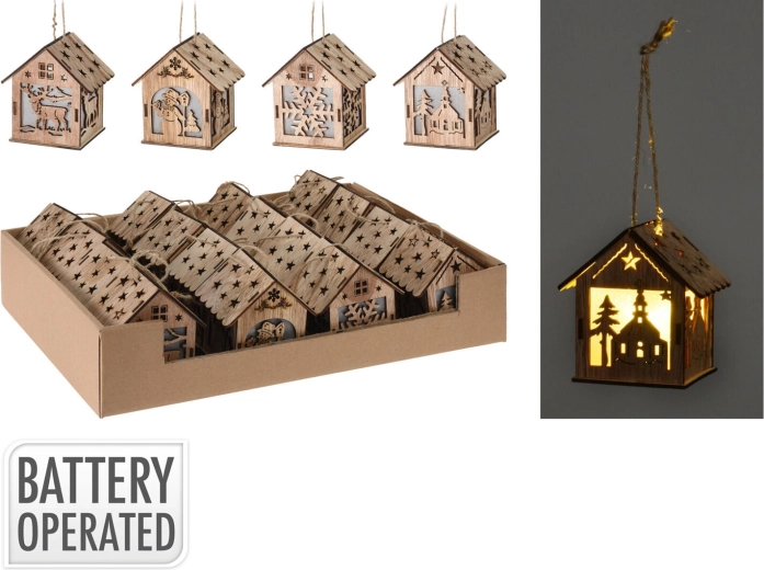 Viseča lesena dekoracija hiška z LED, 9 cm