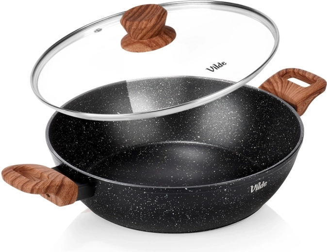 Globoka granitna ponev s steklenim pokrovom 28 cm, 3,5 l – Vilde Granitica Wood