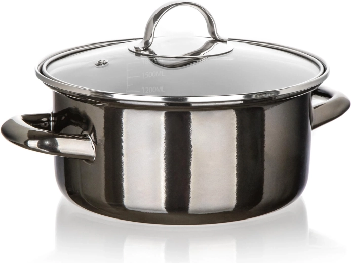 Enamel pot with glass lid 20 cm, 2 l, Metallic Black