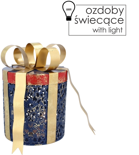 Kovinska božična dekoracija darilo z LED osvetlitvijo, modra z zlato pentljo