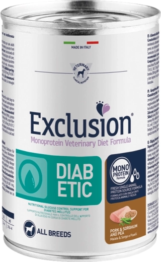 Exclusion Diabetic konzerva za pse s svinjino, sirekom in grahom 400 g