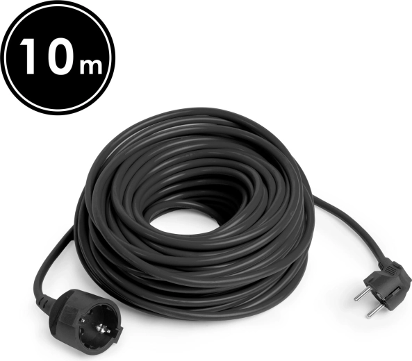 Black 10 m extension cable with Schuko socket