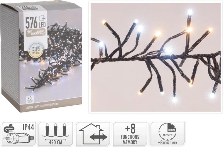 Božična LED svetlobna veriga 4,2 m, 576 LED, toplo bela, 8 funkcij, IP44, s časovnikom