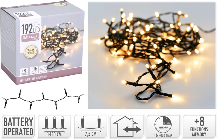 Božična LED osvetlitev 15 m, 192 LED, toplo bela, 8 funkcij, IP44