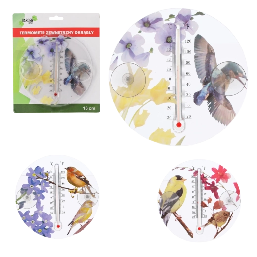 Zunanji okrogli termometer z motivom ptic 16,5 cm