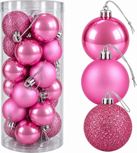 Pink unbreakable Christmas tree baubles, 24 pieces