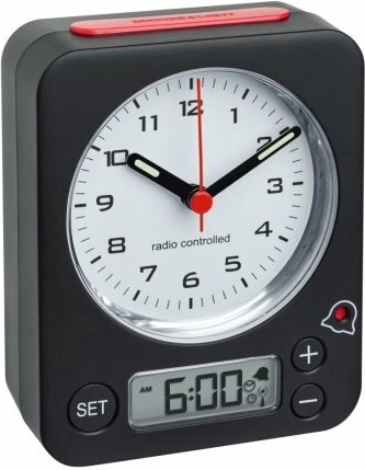 Brezžična budilka TFA COMBO z digitalnimi nastavitvami, črno‑rdeča