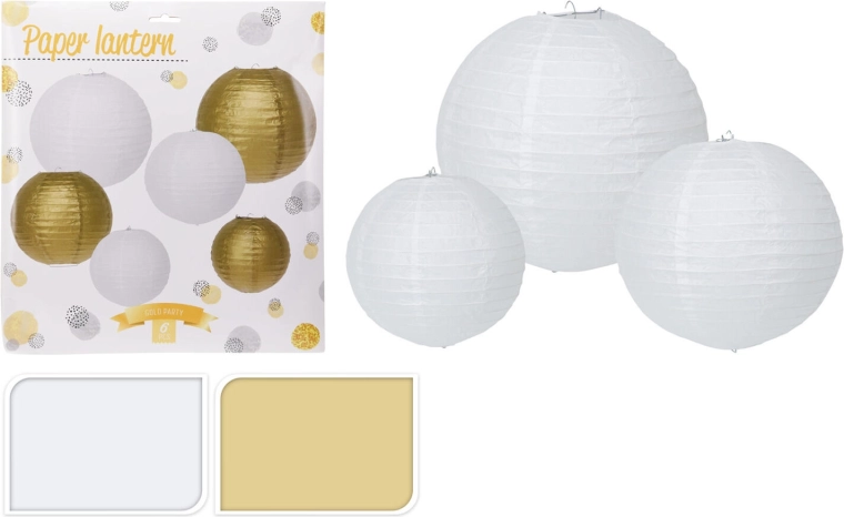 Papirnati zabavni lampijoni v beli in zlati barvi, set 6 kos (30/25/20 cm)