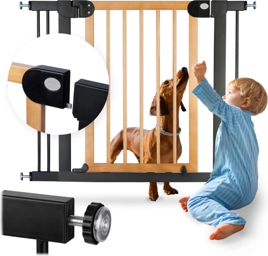 Otroška varnostna ograja NUKIDO, črno-lesena, 76–104 cm