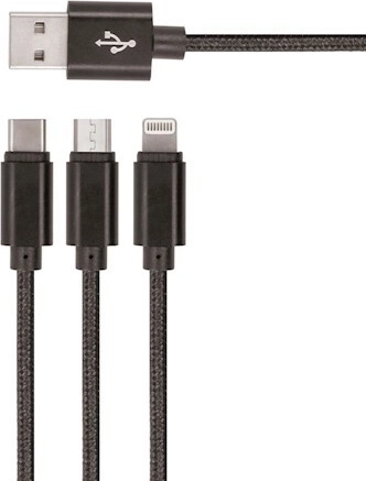 Setty najlonski USB kabel 3v1 microUSB, Lightning, USB‑C 1 m – črn