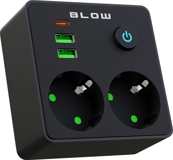 BLOW vtični razdelilnik z 2 vtičnicama, 2× USB in USB-C, črn